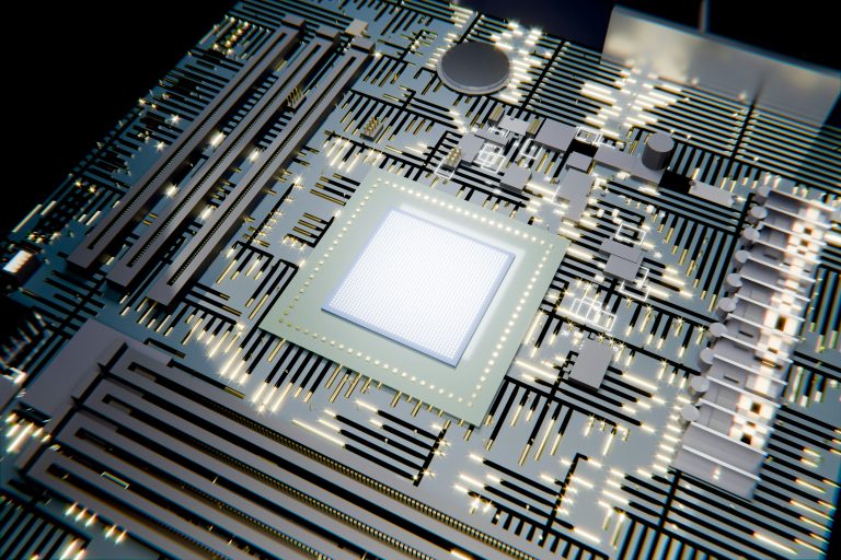 A glowing computer chip on a detailed circuit board