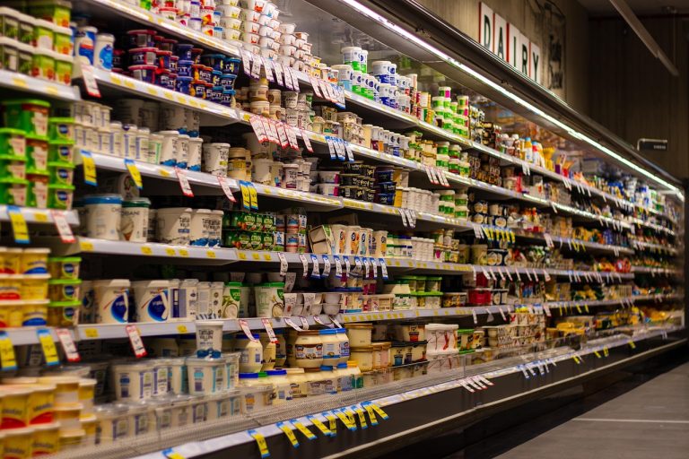 Supermarket, shelf, blur, and yogurt