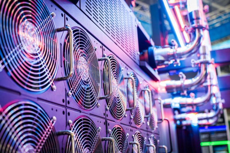 Rows of cooling fans on server hardware in a data center